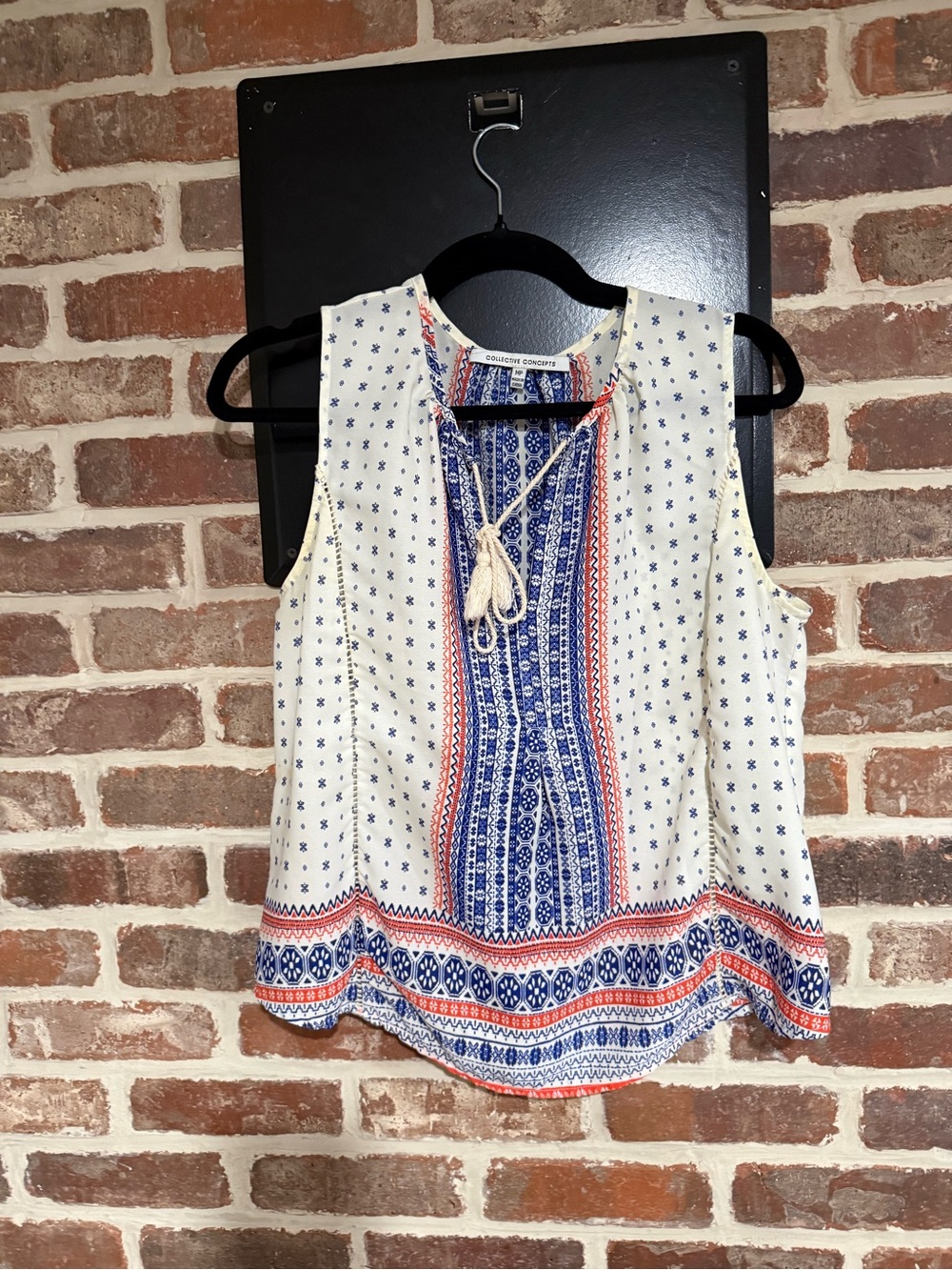 Collective Concepts Ivory Tank with Blue Border Print and Red Accents